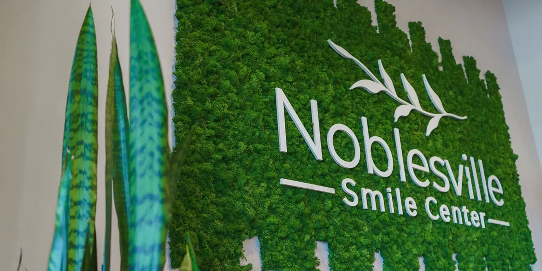 Noblesville Smile Center moss logo wall